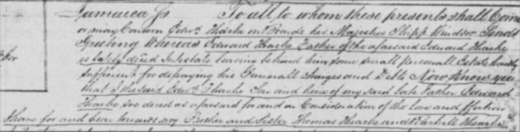Deed showing Edward Thache Jr.'s service aboard the HMS Windsor.