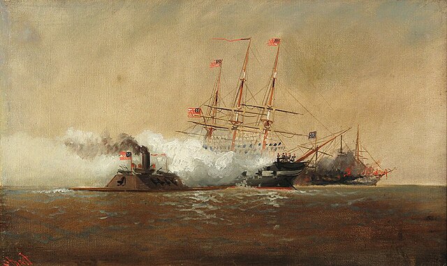 Merrimac (CSS Virginia) sinking the Cumberland by Alexander Charles Stuart